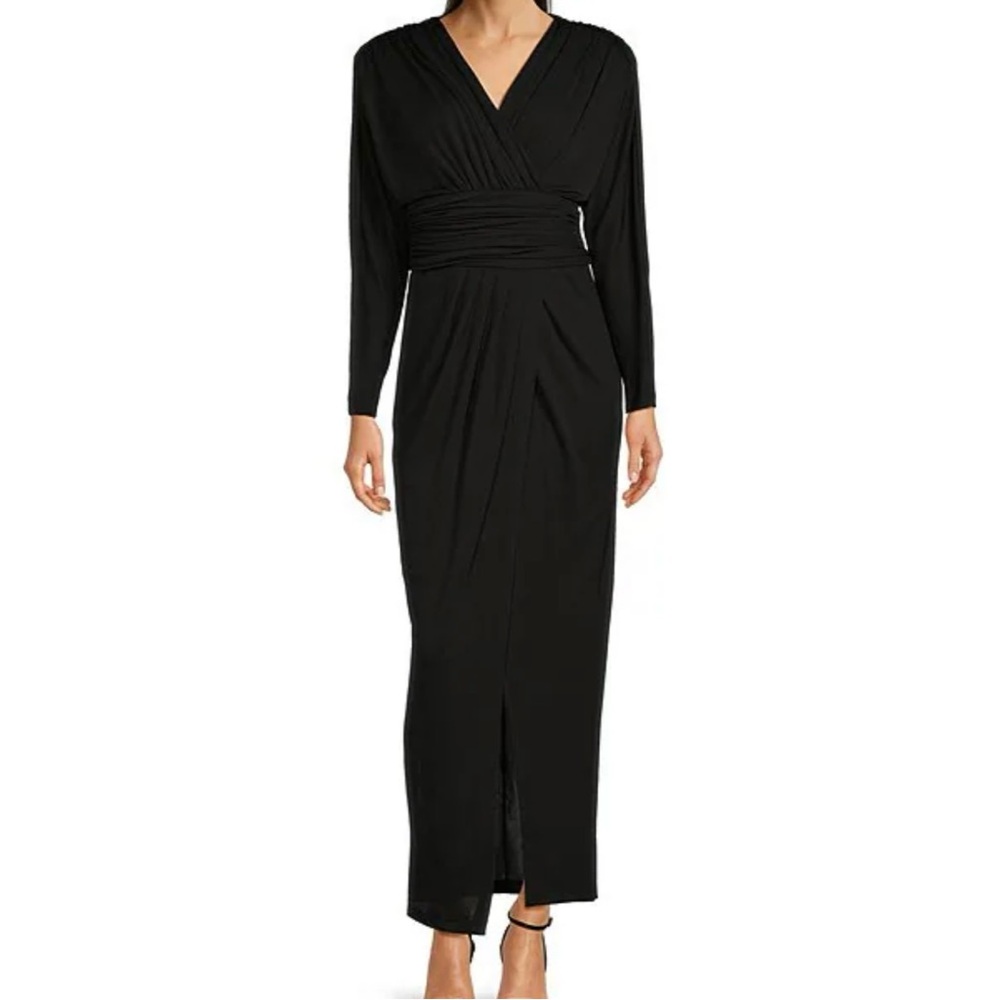 Calvin Klein V-Neck Long Sleeve Ruched Waist Maxi Dress